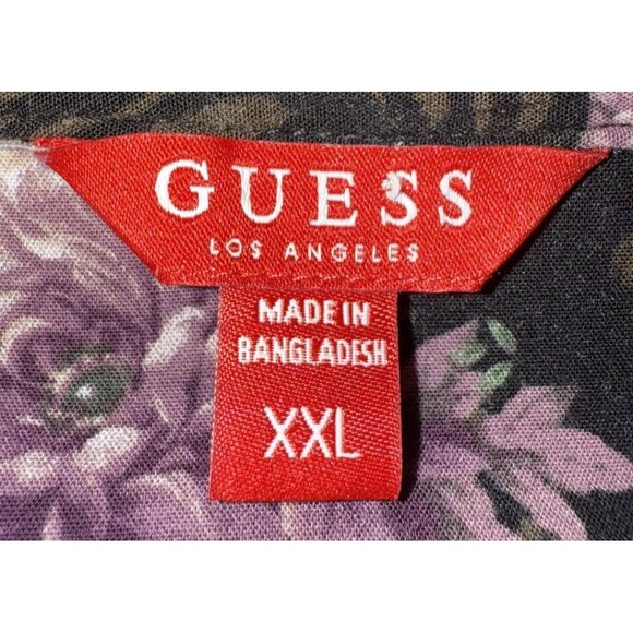 Guess Los Angeles Mens Floral Button Shirt XXL Black With Purple Green Flowers - Picture 5 of 6